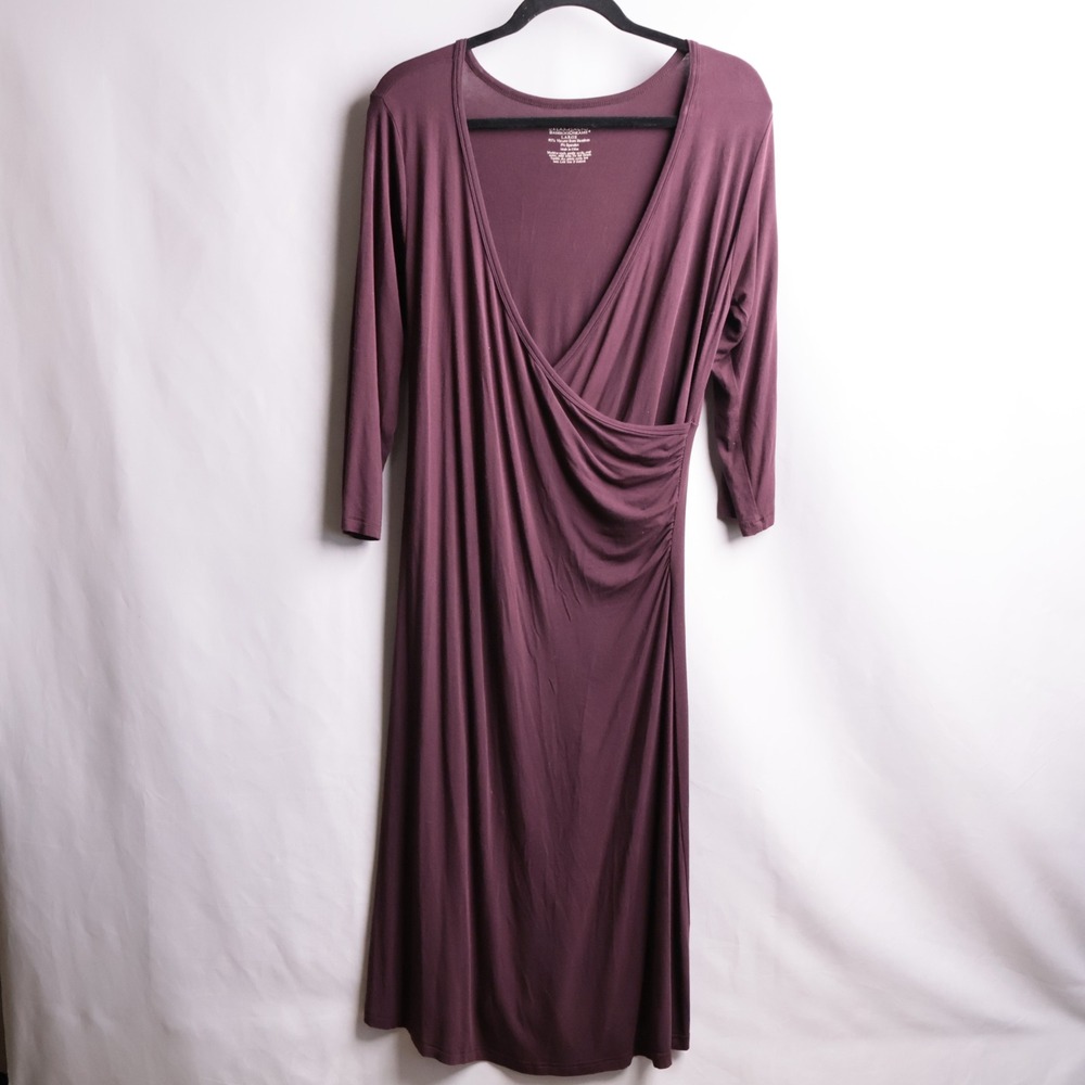 Dreamsacks Bamboo Dreams Faux Wrap Dress Purple Ruched Midi L 3/4 Sleeve Comfort